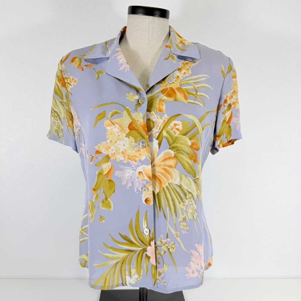 Linda Allard for Ellen‎ Tracy VTG 100% Silk Hawaiian Floral Shirt Light Blue 6P